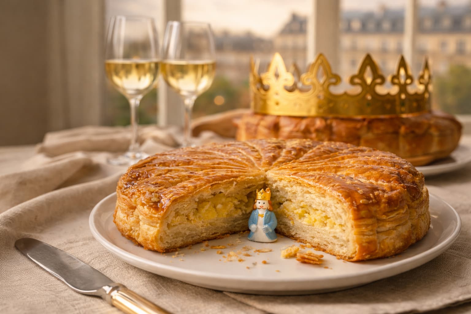 Galette des rois francesa con corona y fève en una mesa parisina – Tradición francesa – Edukmi