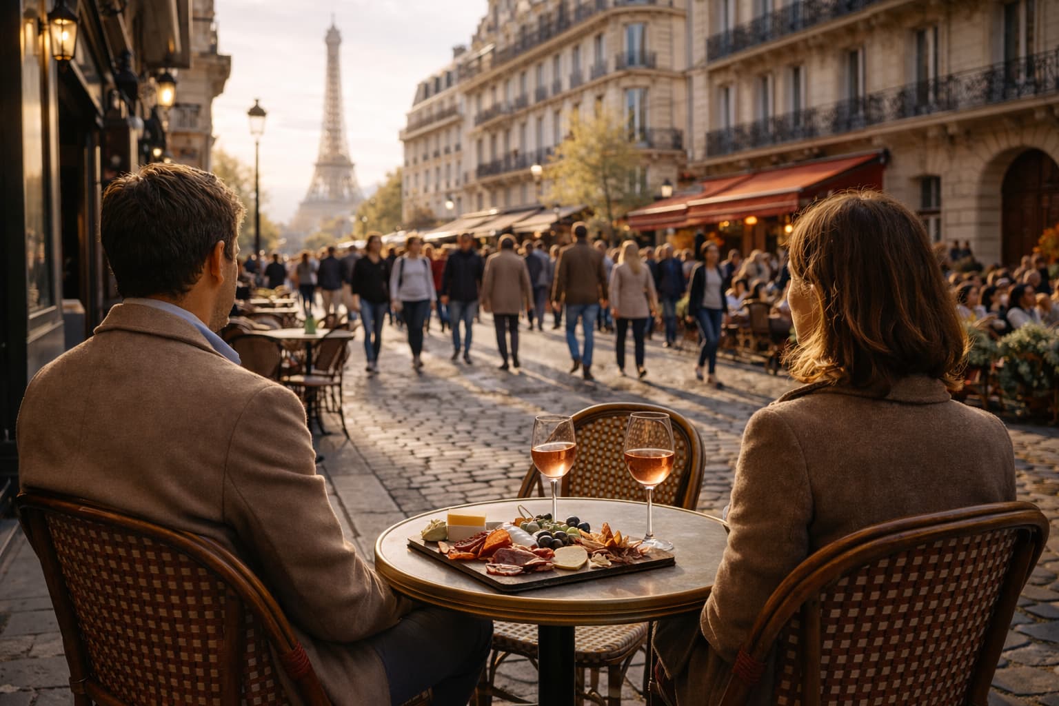 Terraza francesa en una calle peatonal de París con gente caminando – Estilo de vida francés – Edukmi