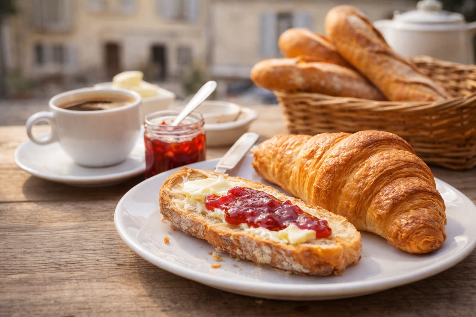 Desayuno francés simple con croissant, pan con mantequilla y mermelada, y café – Cultura francesa – Edukmi
