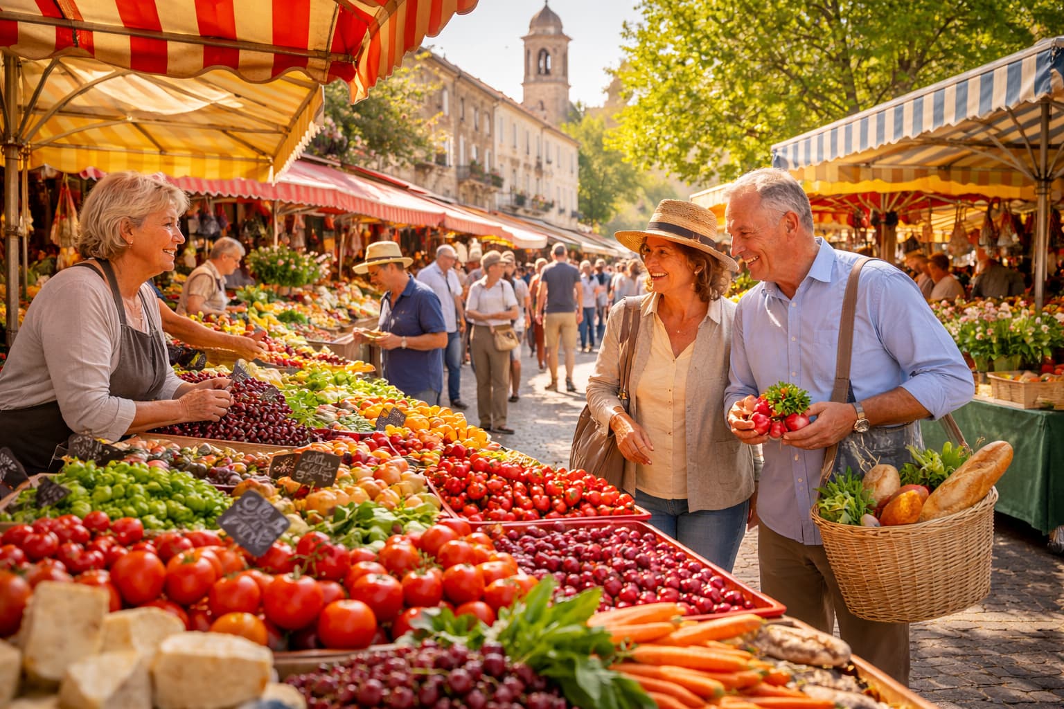 Mercado tradicional en Francia con frutas, verduras y vendedores locales – Cultura francesa – Edukmi