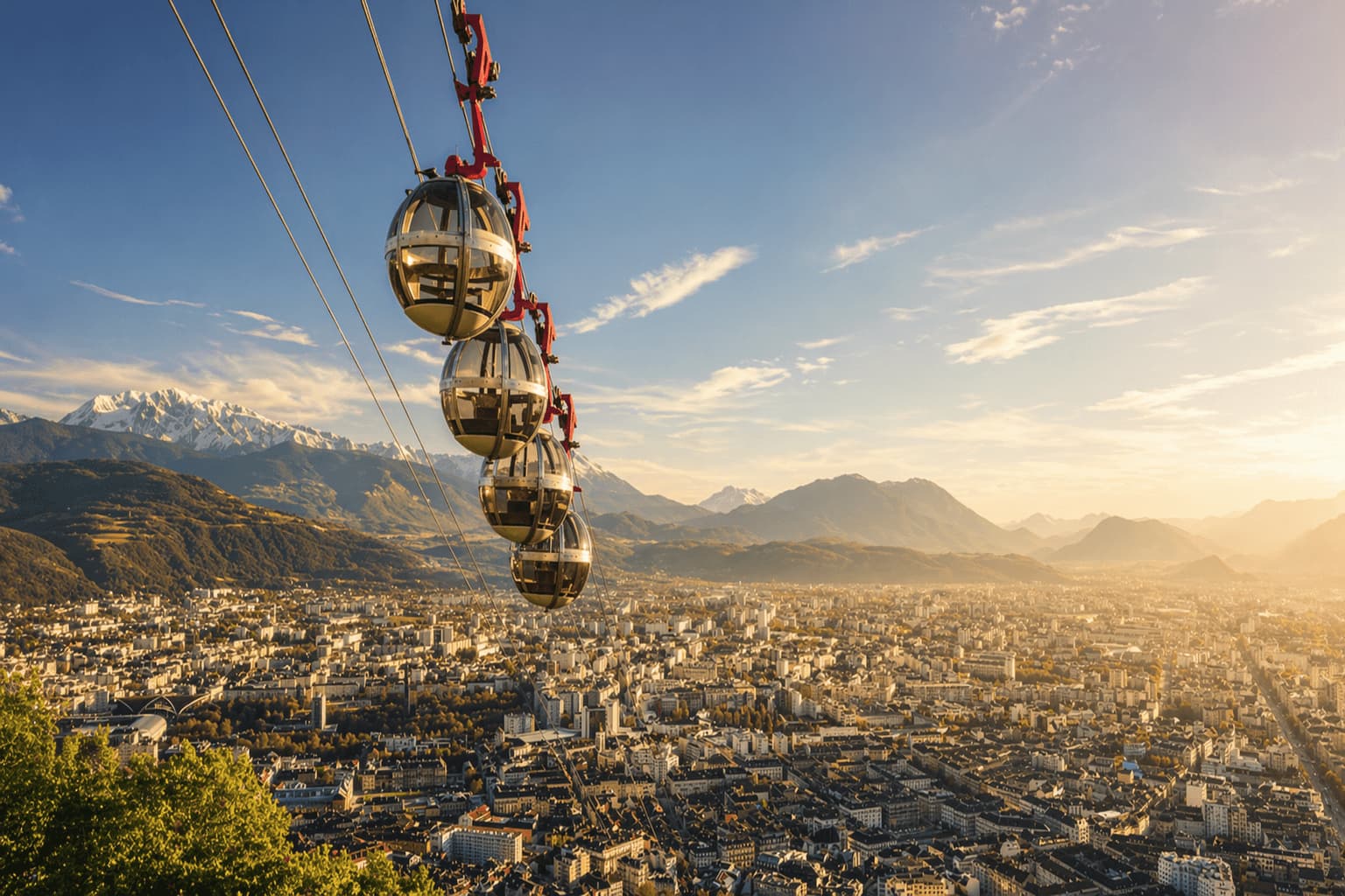 Grenoble con las bulles de la Bastilla y las montañas de los Alpes al fondo – Cultura francesa – Edukmi