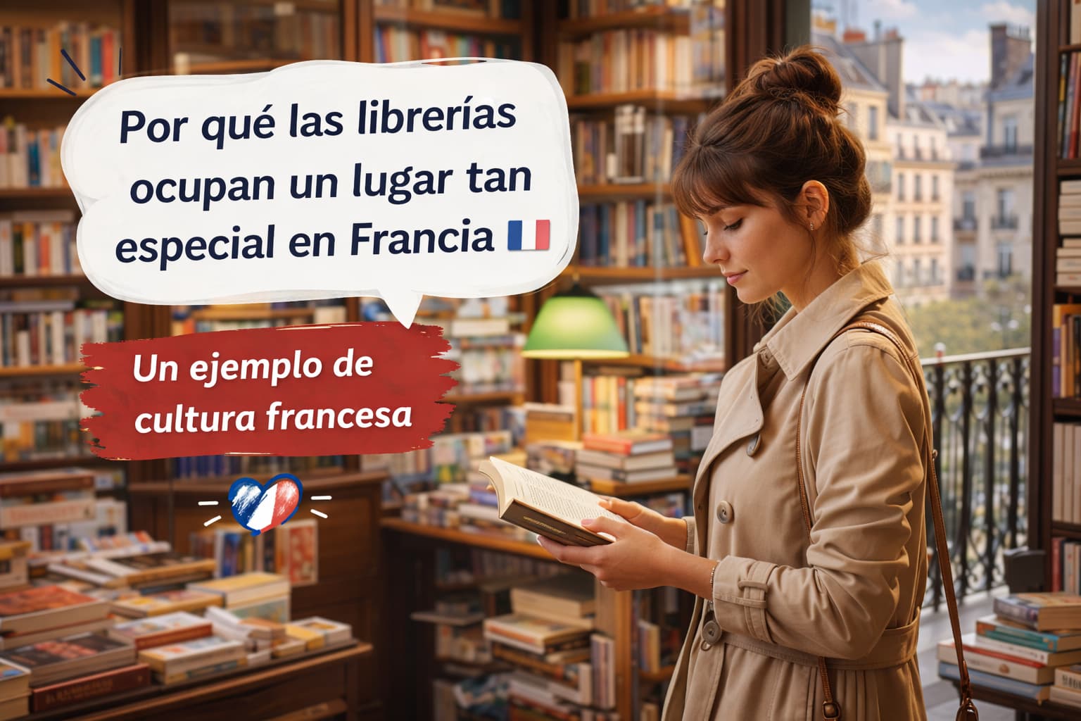 Librería francesa tradicional en París con una mujer leyendo – Cultura francesa – Edukmi