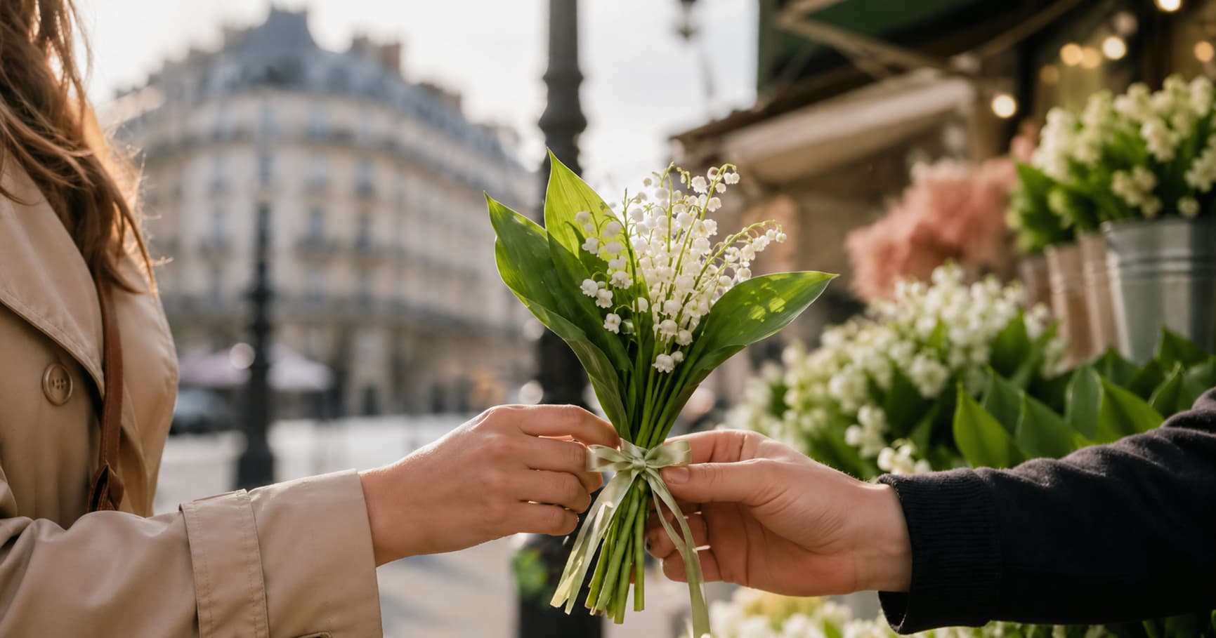 Ramo pequeño de muguet ofrecido en una calle de París – Tradición francesa del 1 de mayo – Edukmi