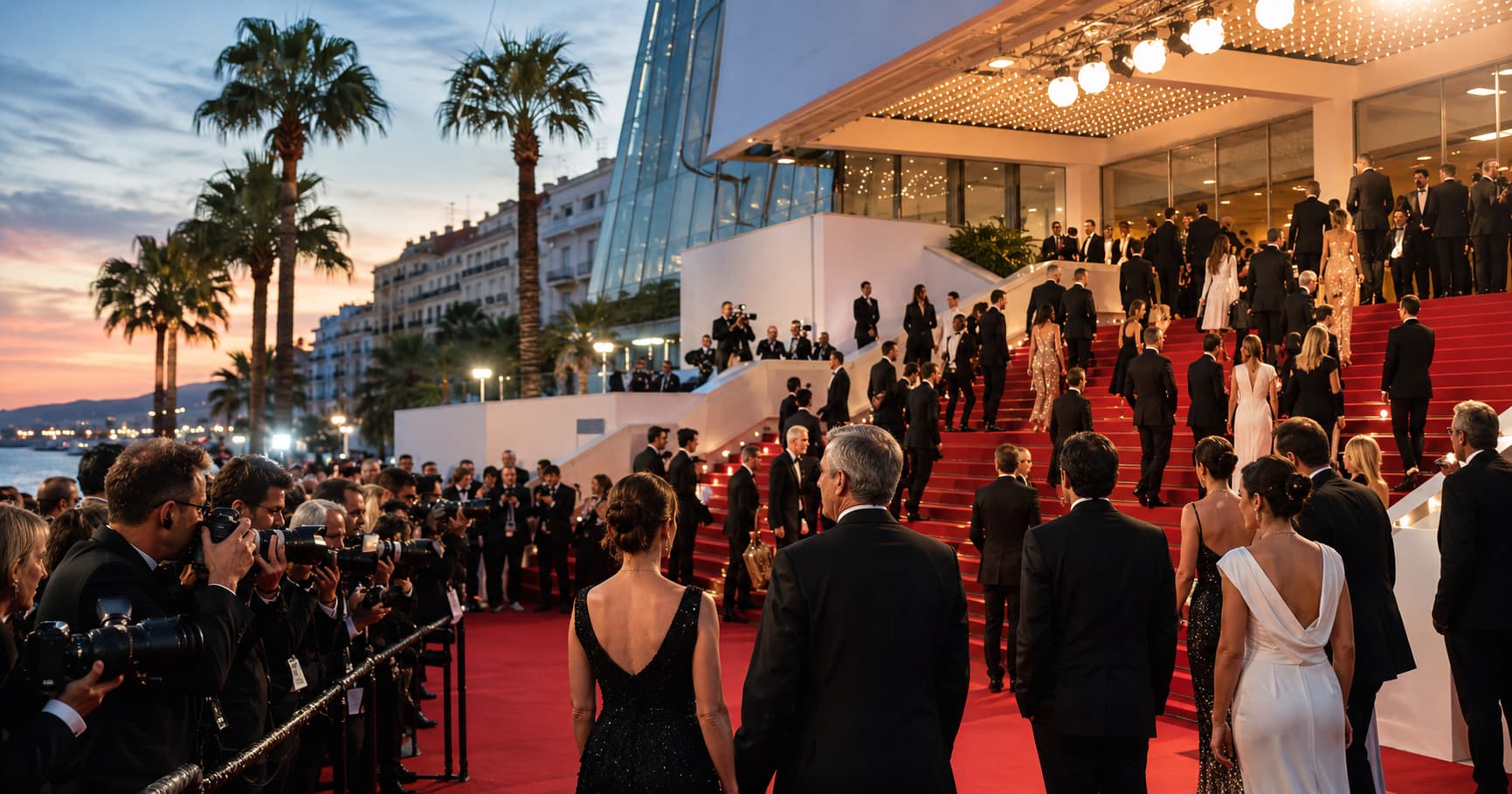 Alfombra roja del Festival de Cannes al atardecer con invitados y fotógrafos – Cultura francesa – Edukmi