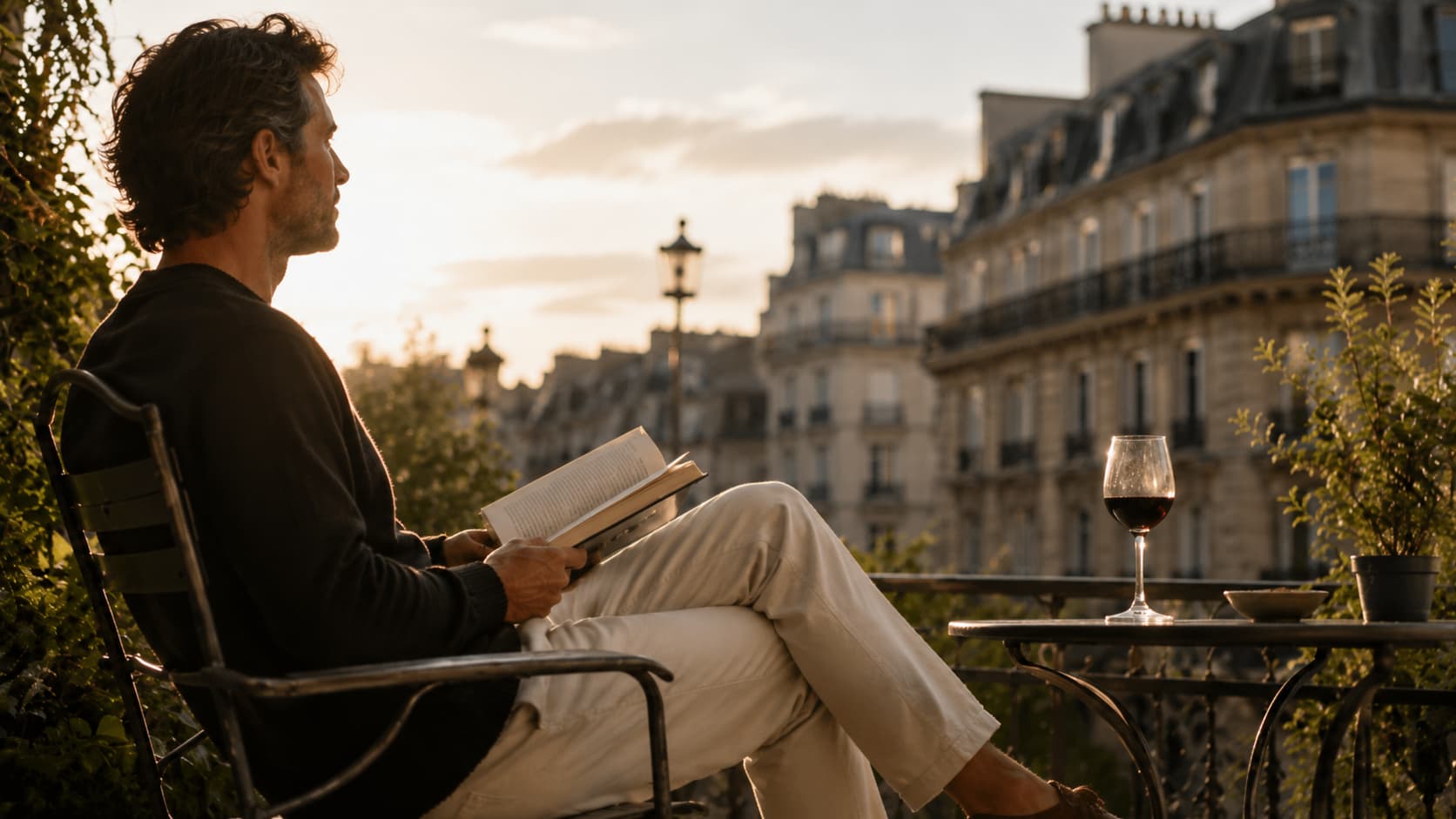 Hombre leyendo y disfrutando de una copa de vino en una terraza parisina al atardecer – Arte de vivir francés – Edukmi