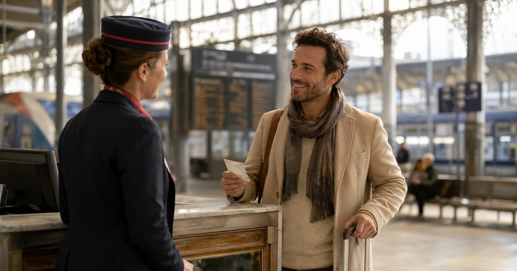 Viajero hablando francés en una estación de tren