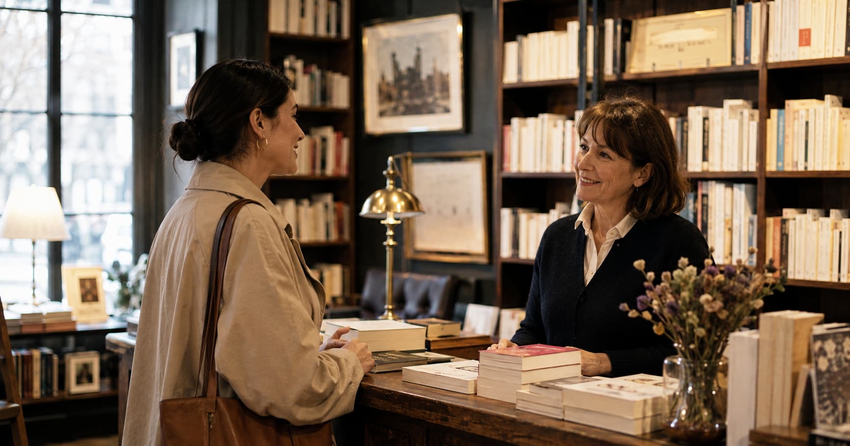 Mujer diciendo bonjour en una librería francesa antes de pedir ayuda – Cultura francesa – Edukmi