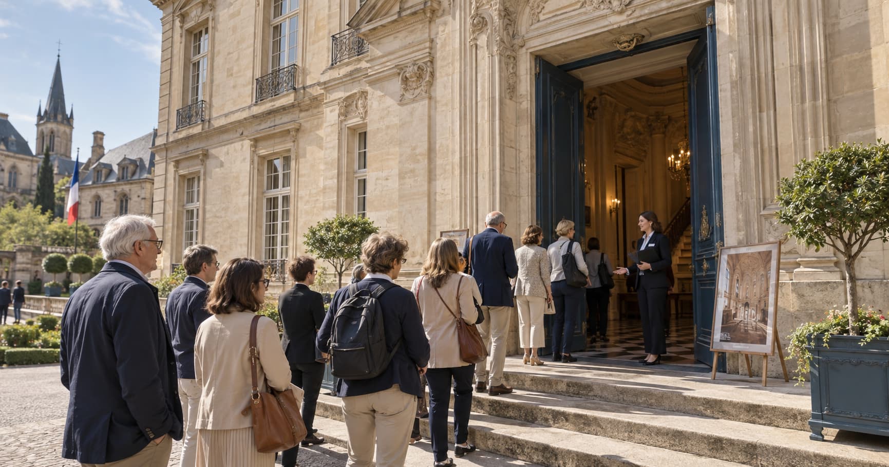 Visiteurs entrant dans un bâtiment historique ouvert