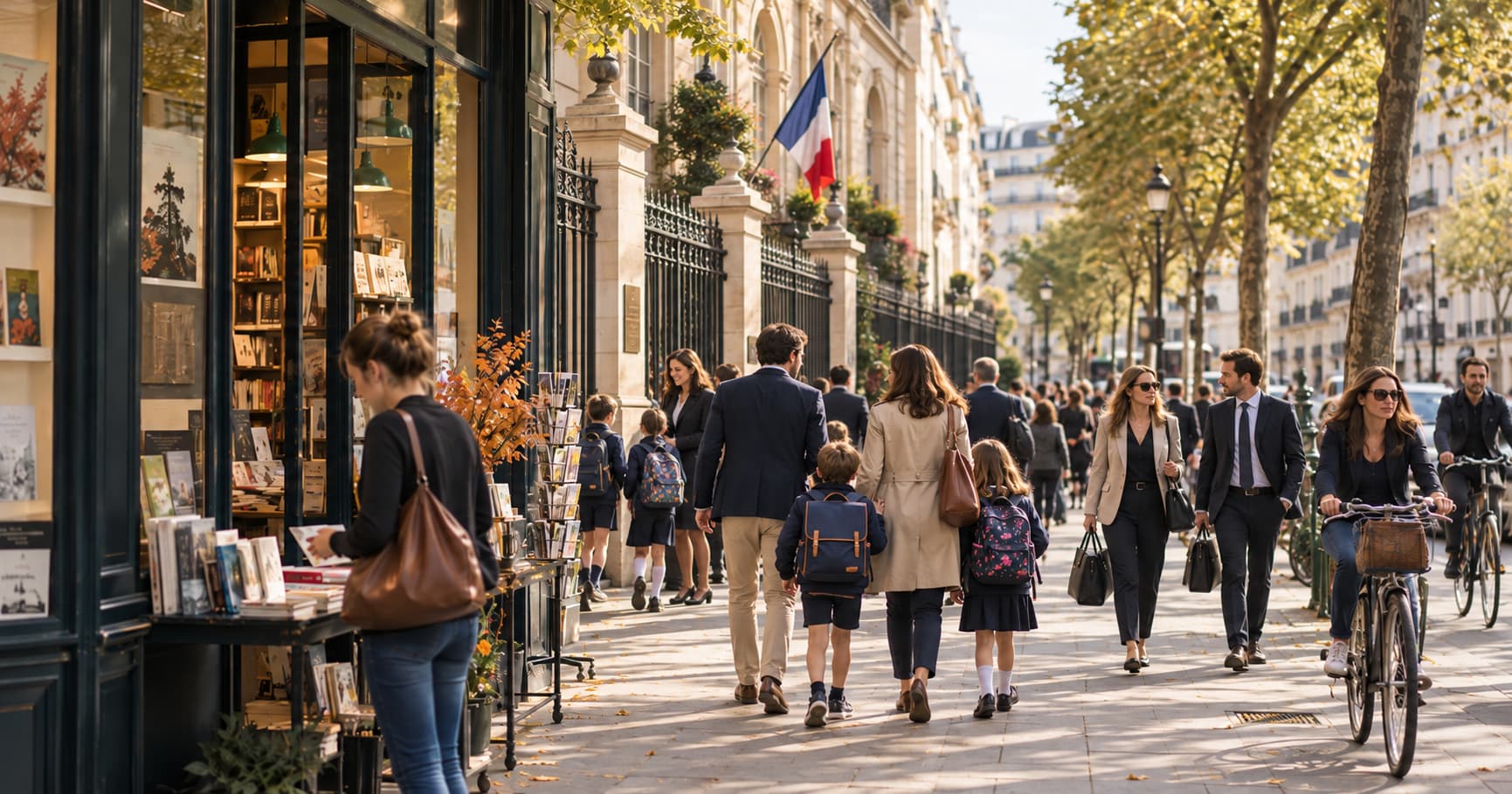 Familias y estudiantes llegando a la escuela durante la rentrée de septiembre en Francia